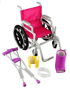 a pink and white wheelchair with various accessories