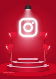 a red background with some heart shaped balloons in the shape of hearts and an instagram button