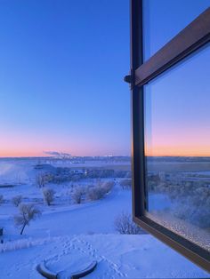 the view from an open window shows snow covered ground and trees in the foreground