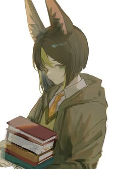 an anime character holding a stack of books