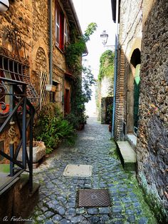 an alley way with cobblestones and stone buildings