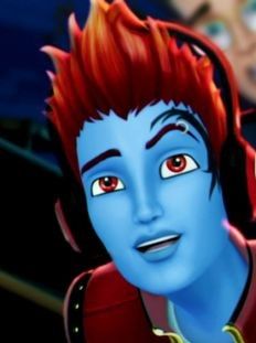 an animated avatar with red hair and blue skin wearing headphones, looking at the camera