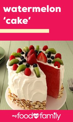 there is a cake with fruit on it and the words, watermelon cake