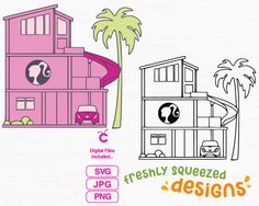 a pink house with a palm tree next to it and the words, freshly squeezed designs