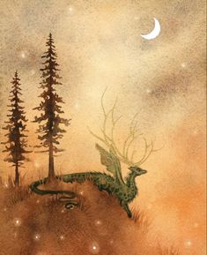 a painting of a dragon sitting on top of a hill with trees in the background