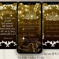 three iphones with arabic calligraphy on them and the text, mobile video event