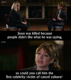 two women sitting in chairs talking to each other with the caption jesus was killed because people didn't like what he was saying