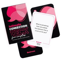 two cards that have been placed next to each other on a white surface with pink and black designs