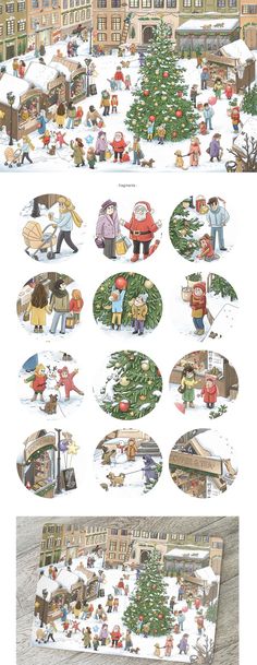 christmas village illustration winter scenes, small town christmas illustration Comic Character Design, Small Town Christmas, Clothes Stickers, Illustration Comic