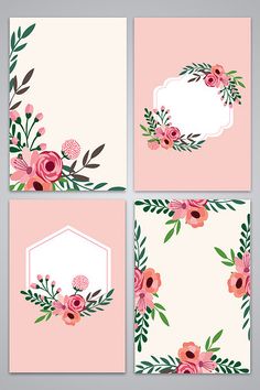 four cards with pink flowers and green leaves on the front, one has a white frame for