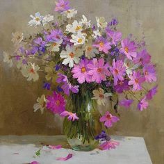 a painting of purple and white flowers in a vase