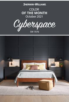 an advertisement for the color of the month cyberspace, featuring a bed with pillows and blankets