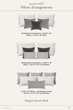 pillows and pillow arrangements are shown in black and white, with the text below them