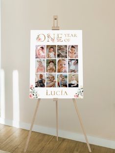 an easel with a one year photo collage on it