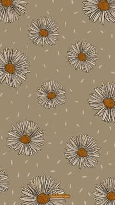 a brown and white flower pattern on a gray background with small yellow dots in the center