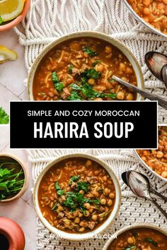 Harira soup in a bowl with a spoon Heart Soups Comfort Foods, Moroccan Vegetarian Recipes, Middle Eastern Soup, Morracon Lentil Soup, Moroccan Food Recipes, Moroccan Tomato Soup, Antiinflammatory Soup, Vegetarian Moroccan Stew, Chickpeas Soup