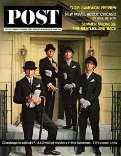 an advertisement for the beatles featuring three men in suits and hats, one holding a cane