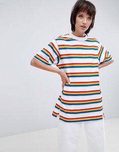 Monki Rainbow Stripe Oversized Tee T Shirt Oversize, Children In Need, Mode Online, Oversized T Shirt, Daily Look, Oversized Tee, Rainbow Stripes, Oversized Tshirt