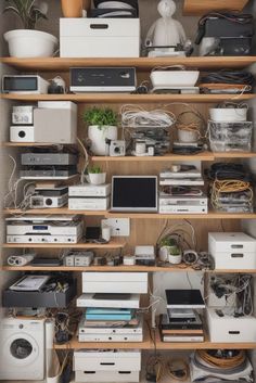 the shelves are filled with electronic equipment and electronics