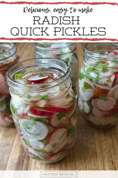 mason jar filled with radish pickles on top of a wooden table