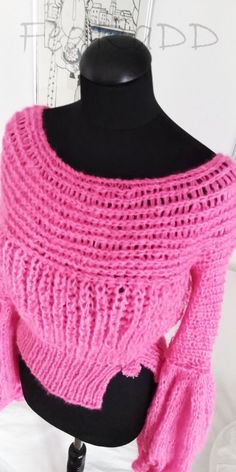 Pink Sweater,soft Yarn ,hand Knit ,long Puff Sleeve Sweater,unique Oval Neck Pullover,gentle on the Skin ,size S M L - Etsy Croatia