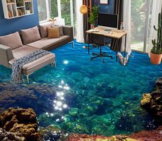 a living room with blue walls and flooring that looks like it is floating in the water