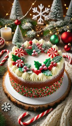 a decorated christmas cake sitting on top of a table next to candy canes and candles