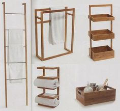 four wooden shelves with towels and other items