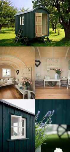 several pictures of different types of houses in the woods and on the grass with flowers