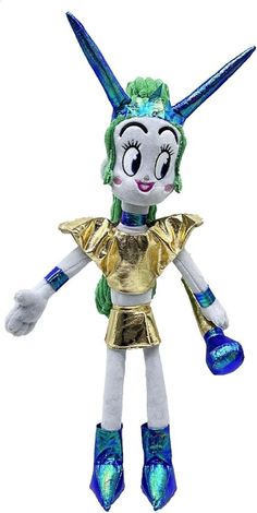 a stuffed toy with blue hair and gold pants on it's legs, wearing green shoes