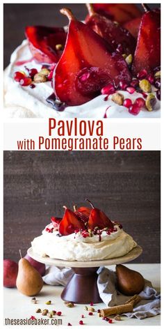 this is an image of pavlova with pomegranate pears on top