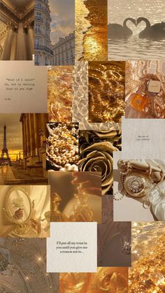 a collage of images with gold and white colors, including the eiffel tower