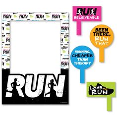 an advertisement for run with various stickers around it