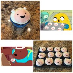 some cupcakes with cartoon characters on them and an image of a bear in the background