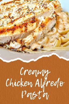 chicken alfredo pasta with creamy cream sauce and parmesan cheese on top is served in a white plate