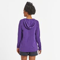 Light and so right with a playful hood. Think the softest tee you never want to take off. Plus, stand-out raw edge detail at the neck, cuffs, and hem. 100% USA Grown Cotton Jersey 4.57 oz. Lightweight jersey in fine yarn for added drape. Garment washed for softness. Hooded V-neck with self-fabric draw cord, raw edge detail at neckline, cuffs, and hem. Longer sleeves add to laid-back style. Do what you love. Love what you do.® locker patch. Printed graphic. Imported | Life is Good Women's Wildflo Outdoor Long Sleeve Top With Drawstring Hood, Casual Purple Hoodie For Outdoor, Athleisure Long Sleeve Tops With Adjustable Hood, Sporty Purple Hoodie Top, Purple Hooded Top With Drawstring, Purple Athleisure Hoodie Top, Purple Athleisure Tops With Drawstring Hood, Athleisure Purple Tops With Drawstring Hood, Relaxed Fit Long Sleeve Top With Adjustable Hood