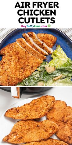 air fryer chicken cutlets on a blue plate with lettuce and salad