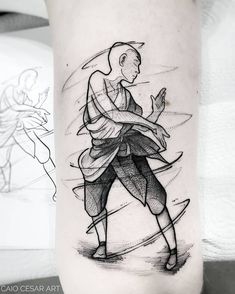 a black and white photo of a person on the side of a leg with an arm tattoo