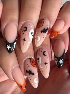 nude almond acrylic nails with cute Halloween  characters Aesthetic Nails Halloween, Cute Spooky Nails Almond, Halloween Nail Ideas Almond Shape, Holloween Nails Almond, Spooky Almond Nails Ideas, Nails Acrylic Almond Halloween, Halloween Nail Inspiration Simple, Nail For Halloween, Cute Nails Acrylic Halloween