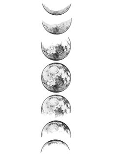 four phases of the moon in black and white, with one half drawn to it's side