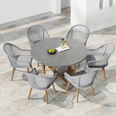 7 Pieces Teak Round Outdoor Concrete Dining Set with Gray Table Woven Armchair 6-Person Outdoor Round Dining Table, Round Table And Chairs, Gray Table, Loveseat Living Room, Grey Table, Teak Frame