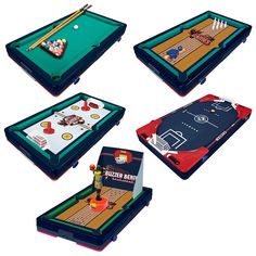 four different arcade games are shown in this image, including pool table and air hockey