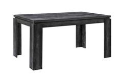 a wooden table with two legs and a black finish on the top, against a white background