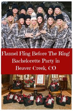 a group of women in plaid pajamas and hats posing for a photo with the words tample fling before the ring bachelor party in beaver creek, co