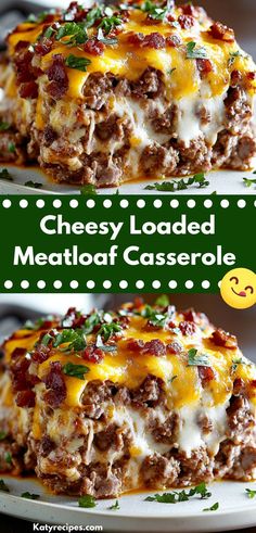 cheesy loaded meatloaf casserole on a white plate with text overlay