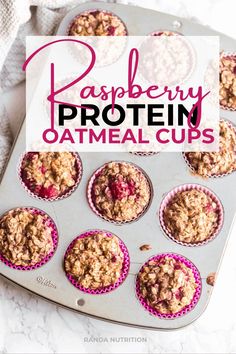 raspberry protein oatmeal cups in a muffin tin with the title overlay