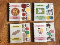 four notebooks with pictures of different foods and things in them on a wooden table