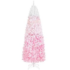 a pink and white christmas tree on a stand