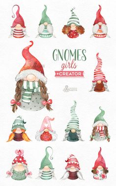 gnomes with different hats and beards are shown in this watercolor painting technique