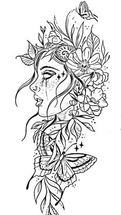 a woman's face with flowers and butterflies on her head